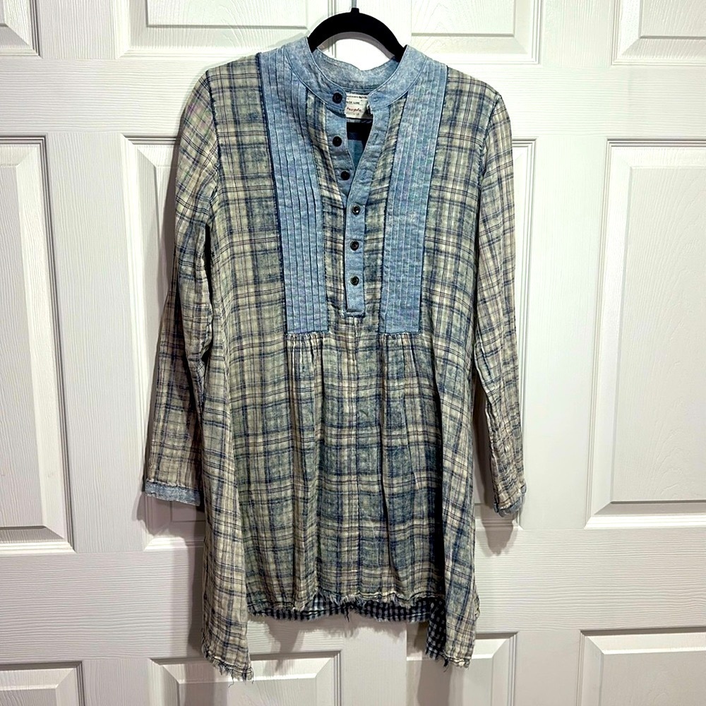 Free people artisan de luxe XS plaid gingham long sleeve dress 100% cotton